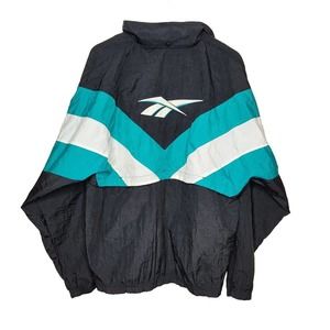 Vintage Reebok Windbreaker Jacket Packable Hood Black White Green Men's M